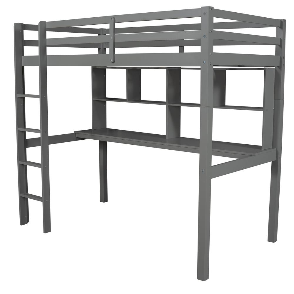 Gray Twin Loft Bed With Desk and Shelves. Picture 2