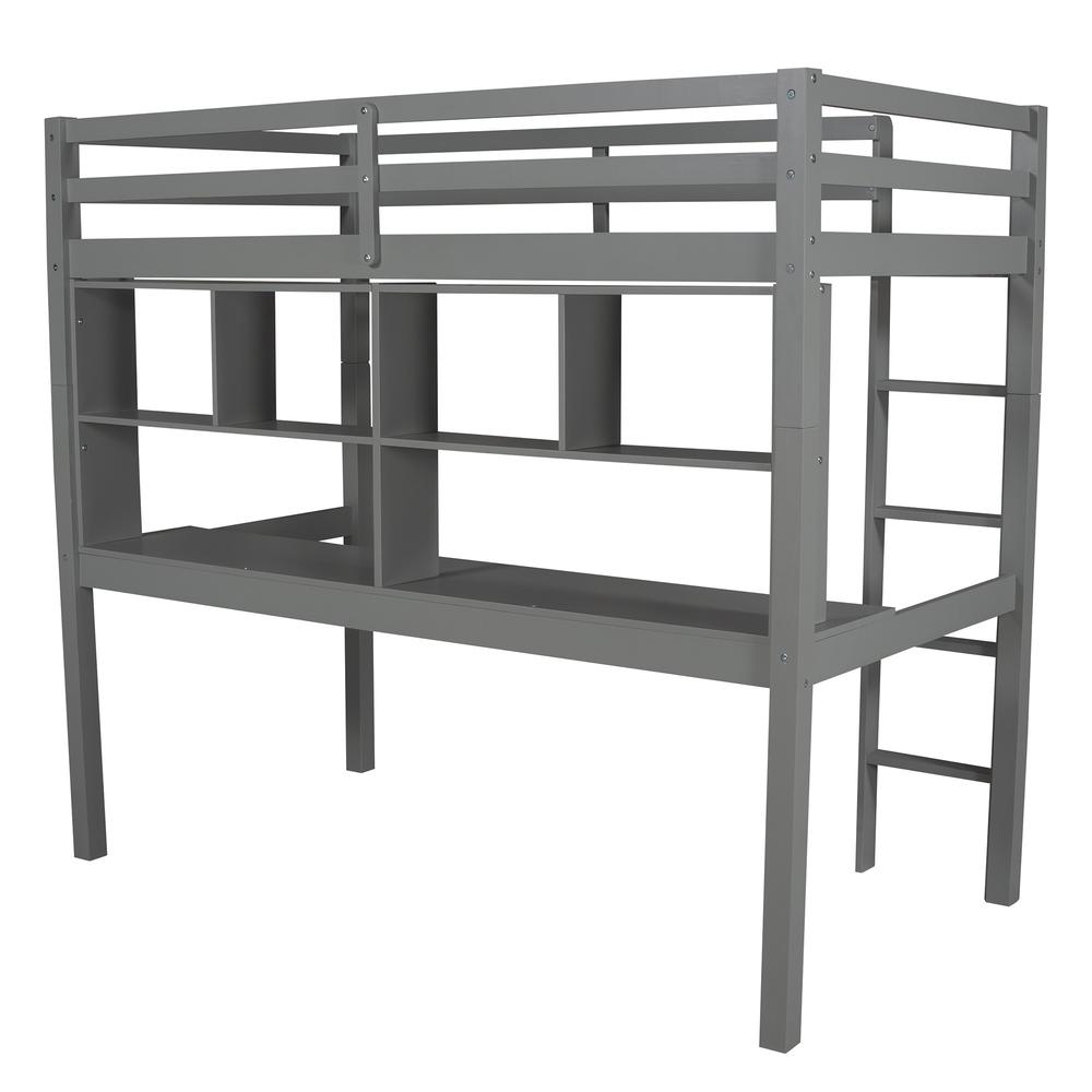 Gray Twin Loft Bed With Desk and Shelves. Picture 4