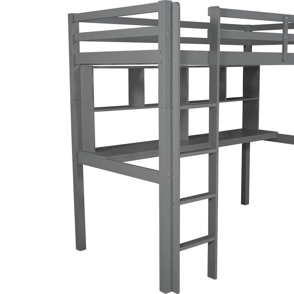 Gray Twin Loft Bed With Desk and Shelves. Picture 6