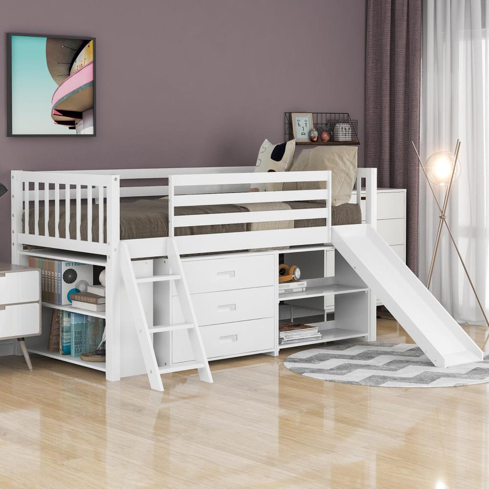 White Twin Loft Bed With Cabinet and Shelves. Picture 1