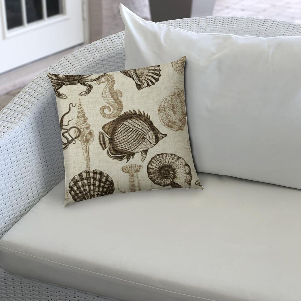 Brown, Natural Brown Seashells Blown Seam Nautical Lumbar Indoor Outdoor Pillow. Picture 4