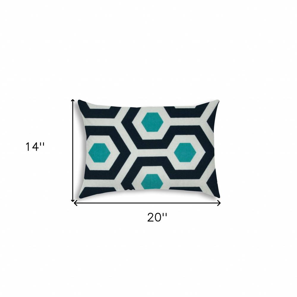 14" X 20" White And Aqua Blown Seam Geometric Lumbar Indoor Outdoor Pillow. Picture 7