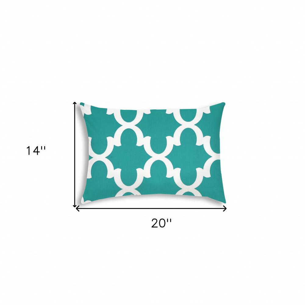 14" X 20" Turquoise, White Blown Seam Quatrefoil Lumbar Indoor Outdoor Pillow. Picture 7