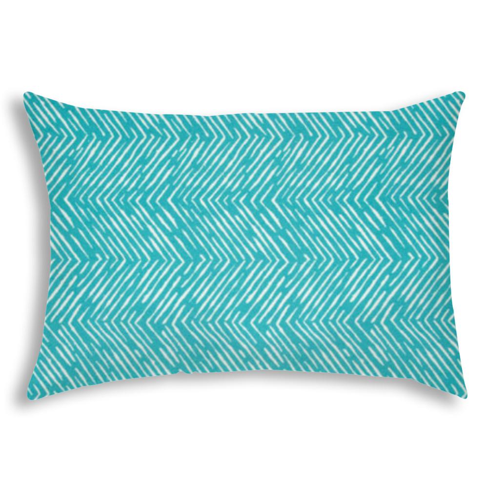 14" X 20" Turquoise And White Blown Seam Zigzag Lumbar Indoor Outdoor Pillow. Picture 2