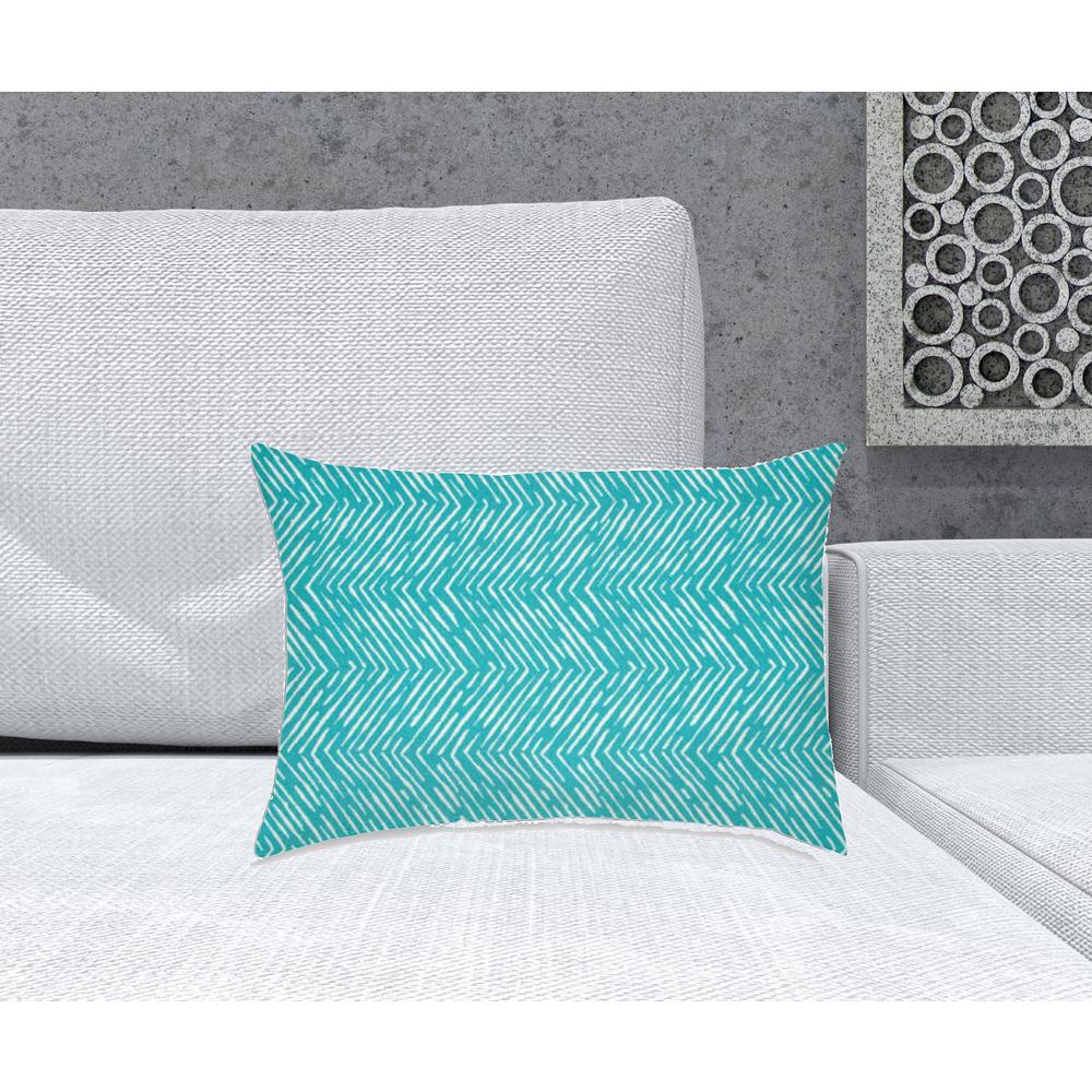 14" X 20" Turquoise And White Blown Seam Zigzag Lumbar Indoor Outdoor Pillow. Picture 1
