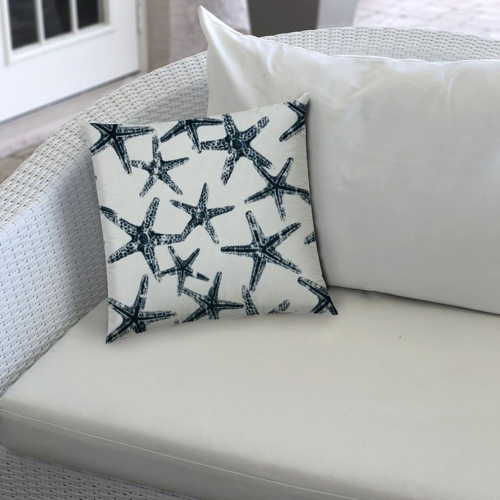 Navy Blue, White Starfish Blown Seam Coastal Lumbar Indoor Outdoor Pillow. Picture 4