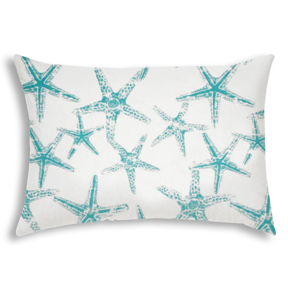 Turquoise, White Starfish Blown Seam Nautical Lumbar Indoor Outdoor Pillow. Picture 1
