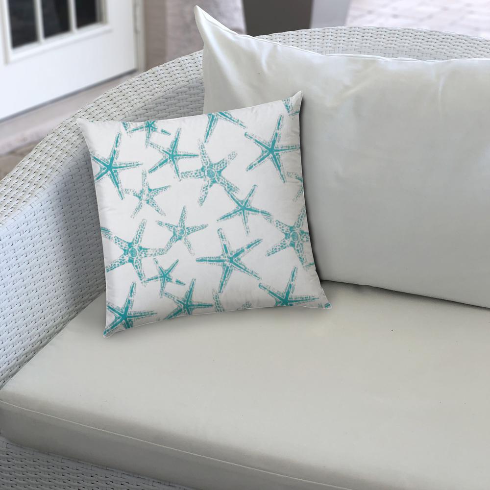 Turquoise, White Starfish Blown Seam Nautical Lumbar Indoor Outdoor Pillow. Picture 4