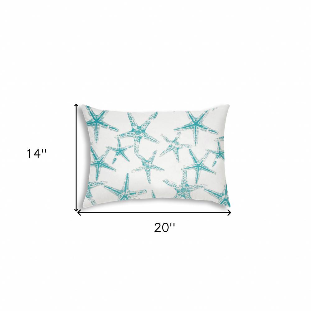 Turquoise, White Starfish Blown Seam Nautical Lumbar Indoor Outdoor Pillow. Picture 7