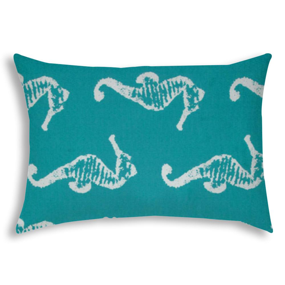 14" X 20" Turquoise And White Seahorse Blown Seam Lumbar Indoor Outdoor Pillow. Picture 1
