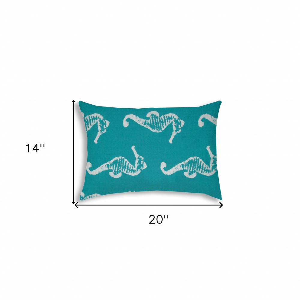 14" X 20" Turquoise And White Seahorse Blown Seam Lumbar Indoor Outdoor Pillow. Picture 7