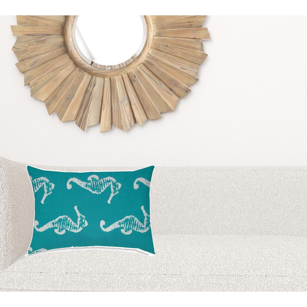 14" X 20" Turquoise And White Seahorse Blown Seam Lumbar Indoor Outdoor Pillow. Picture 2
