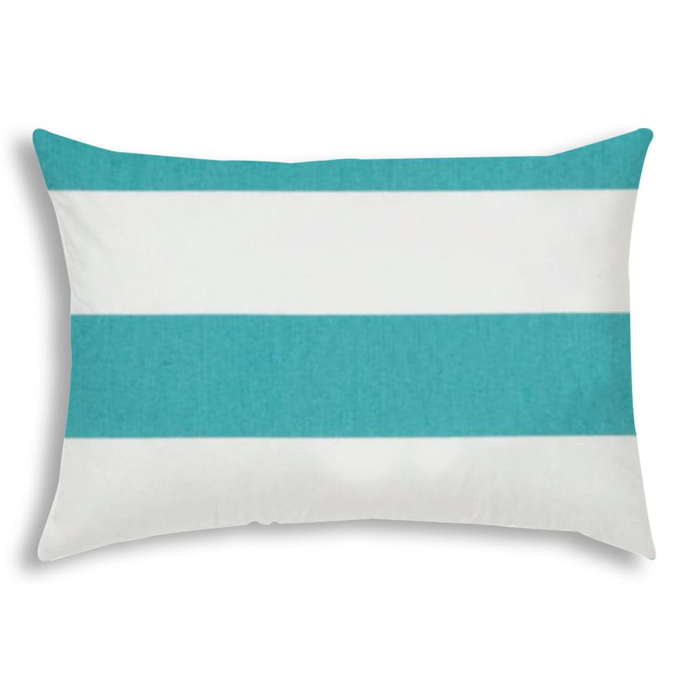 14" X 20" Turquoise And White Blown Seam Striped Lumbar Indoor Outdoor Pillow. Picture 1