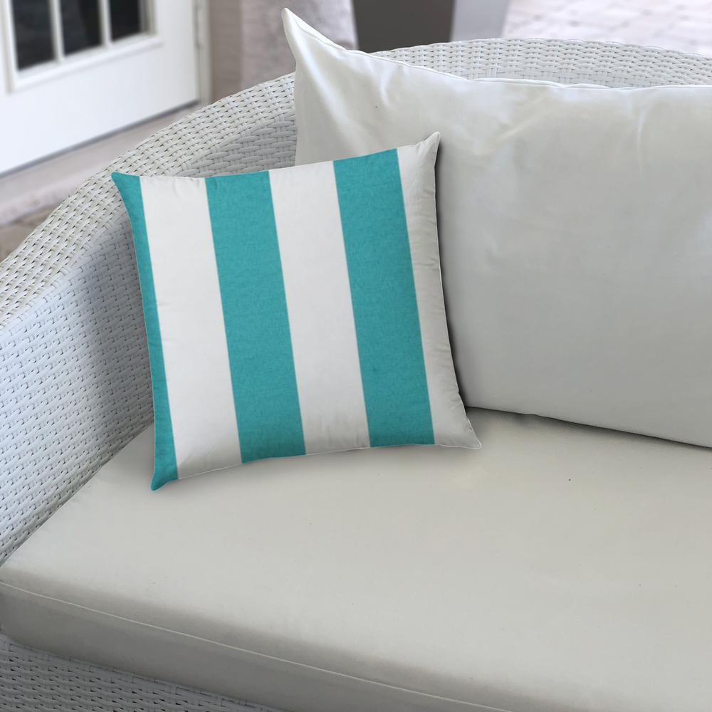 14" X 20" Turquoise And White Blown Seam Striped Lumbar Indoor Outdoor Pillow. Picture 4