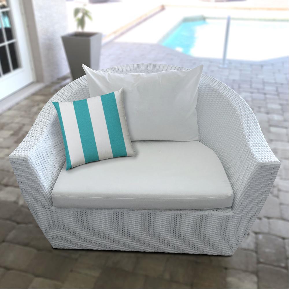 14" X 20" Turquoise And White Blown Seam Striped Lumbar Indoor Outdoor Pillow. Picture 5