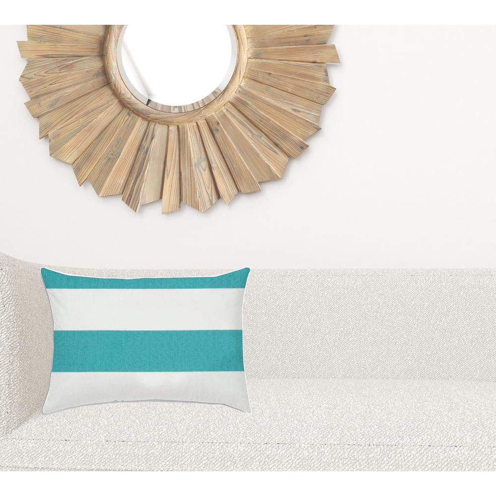 14" X 20" Turquoise And White Blown Seam Striped Lumbar Indoor Outdoor Pillow. Picture 2