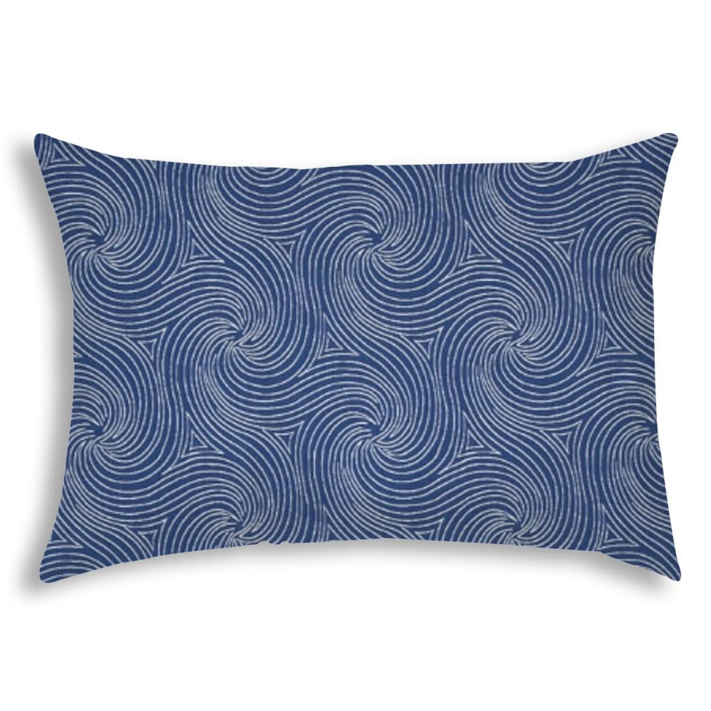 14" X 20" Blue And White Blown Seam Swirl Lumbar Indoor Outdoor Pillow. Picture 1