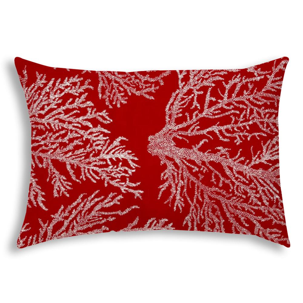 14" X 20" Red And White Corals Blown Seam Coastal Lumbar Indoor Outdoor Pillow. Picture 1