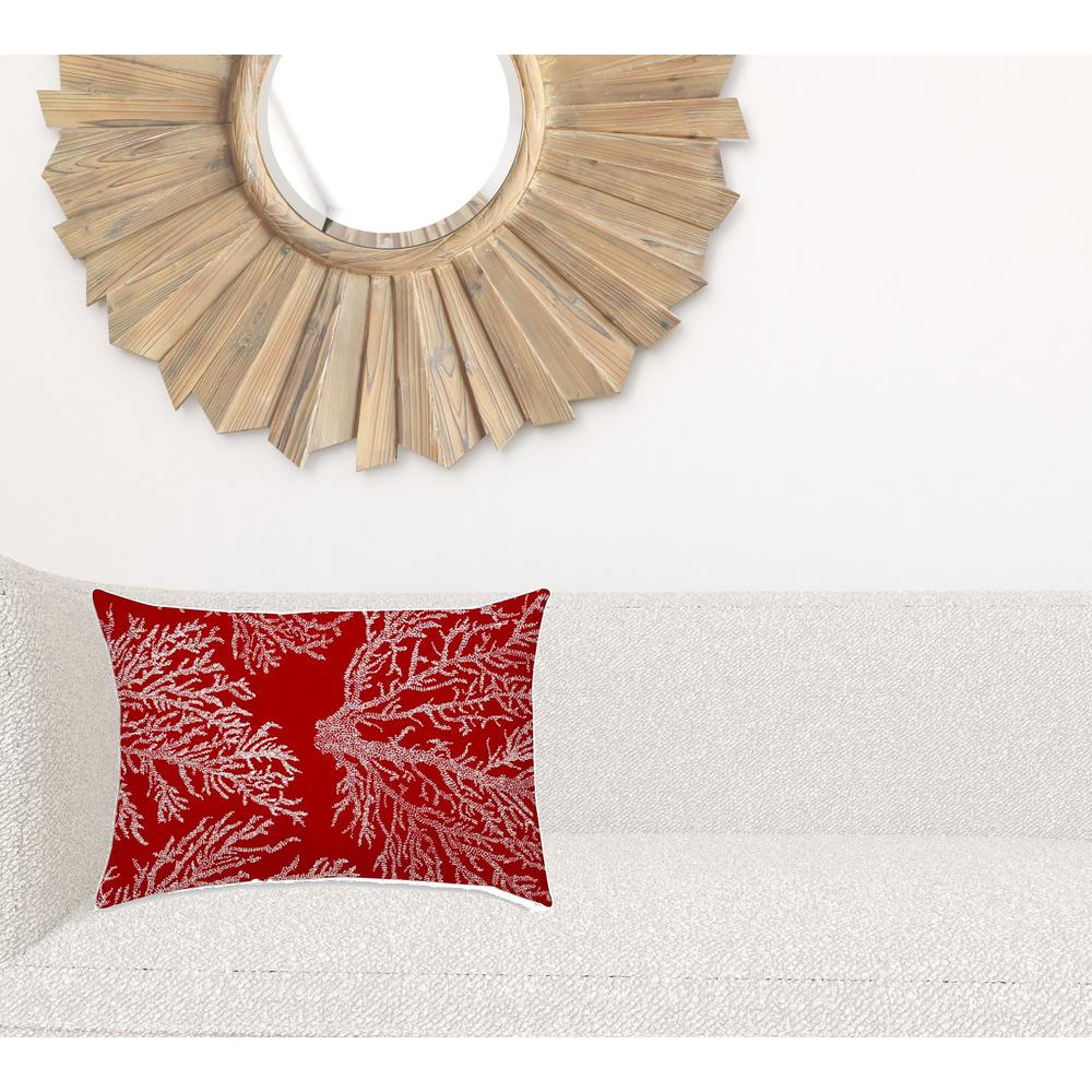 14" X 20" Red And White Corals Blown Seam Coastal Lumbar Indoor Outdoor Pillow. Picture 2