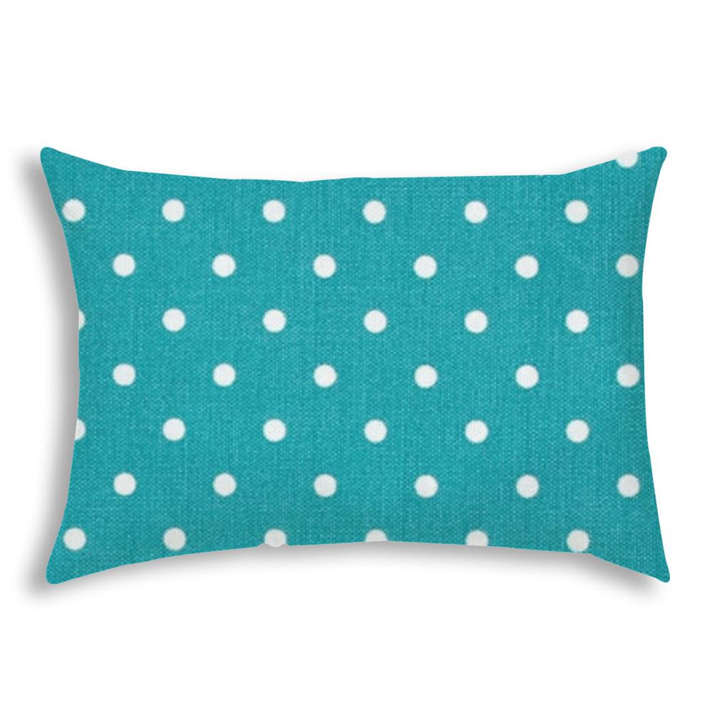 14" X 20" Turquoise Blown Seam Polka Dots Lumbar Indoor Outdoor Pillow. Picture 1