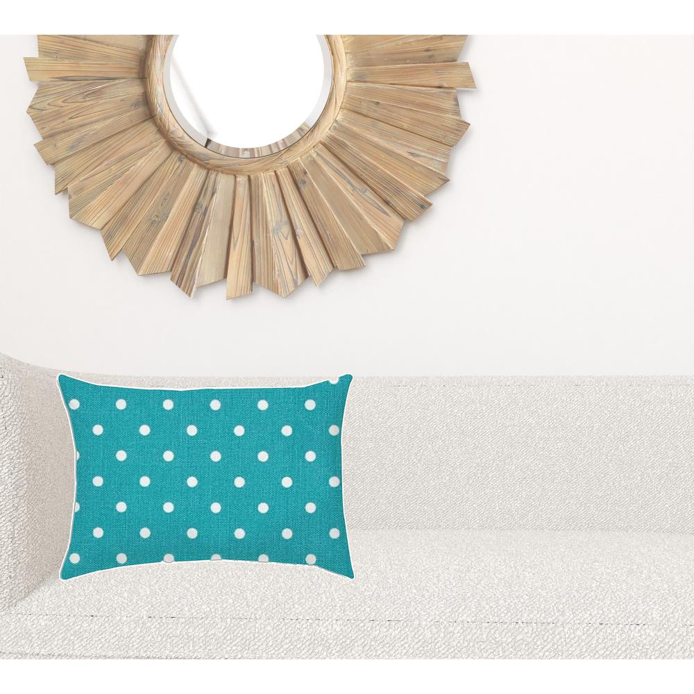 14" X 20" Turquoise Blown Seam Polka Dots Lumbar Indoor Outdoor Pillow. Picture 2