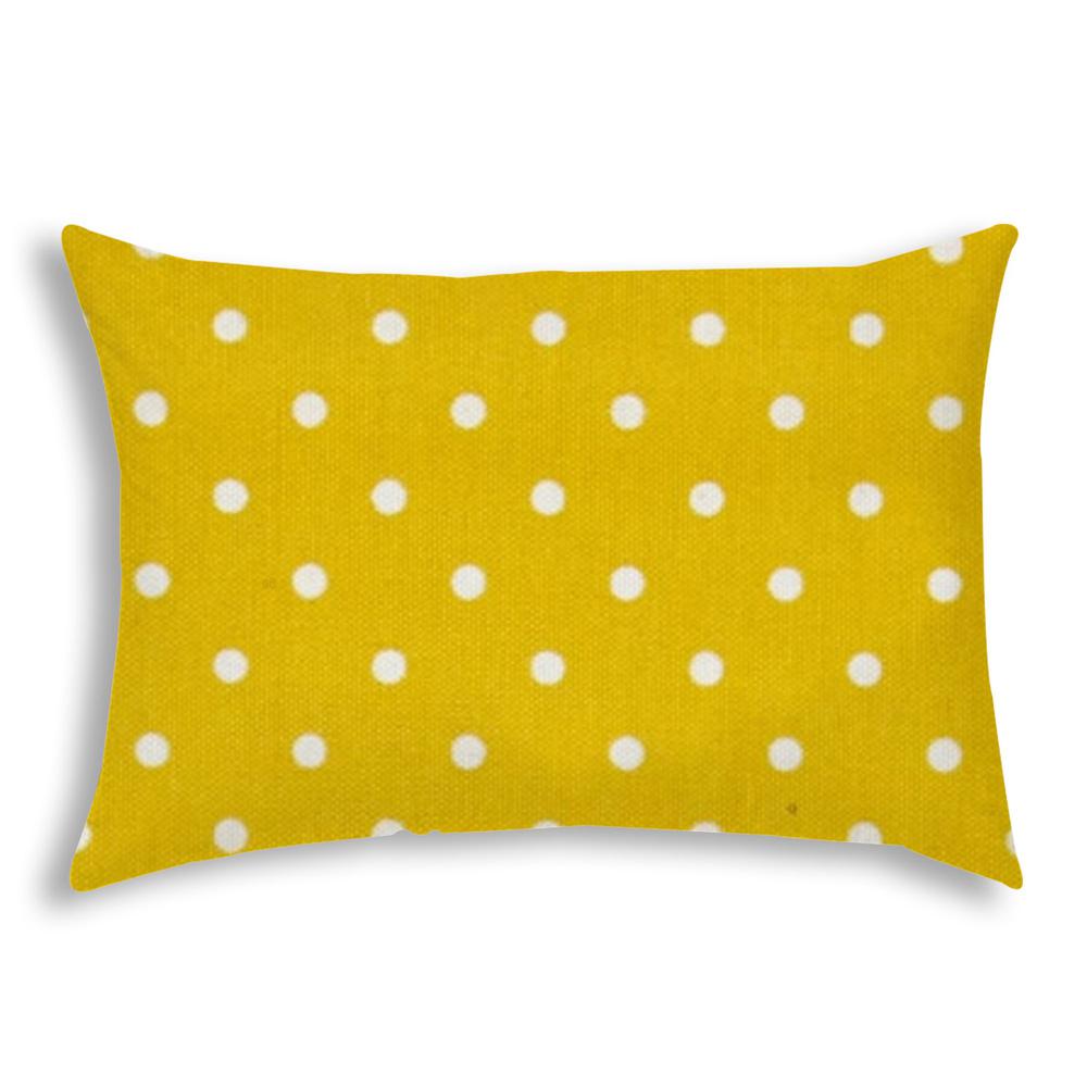 14" X 20" White And Yellow Blown Seam Polka Dots Lumbar Indoor Outdoor Pillow. Picture 1