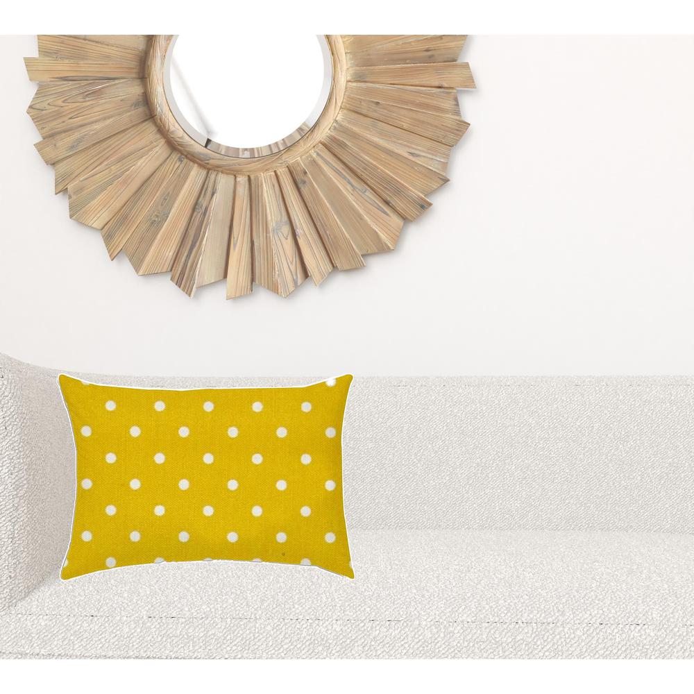 14" X 20" White And Yellow Blown Seam Polka Dots Lumbar Indoor Outdoor Pillow. Picture 2