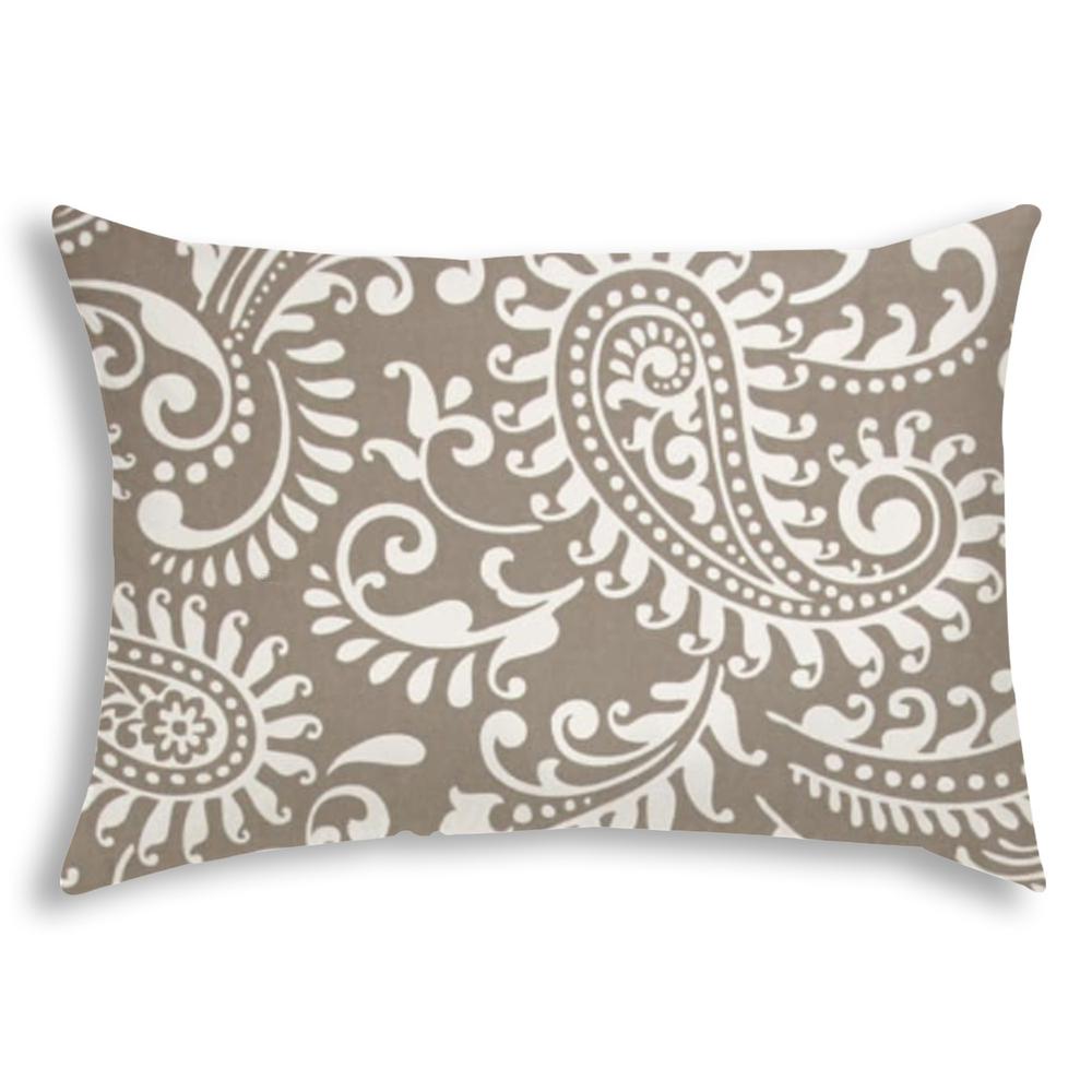 14" X 20" Taupe And White Blown Seam Paisley Lumbar Indoor Outdoor Pillow. Picture 1