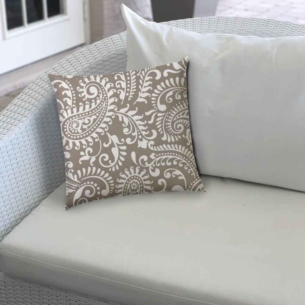 14" X 20" Taupe And White Blown Seam Paisley Lumbar Indoor Outdoor Pillow. Picture 3