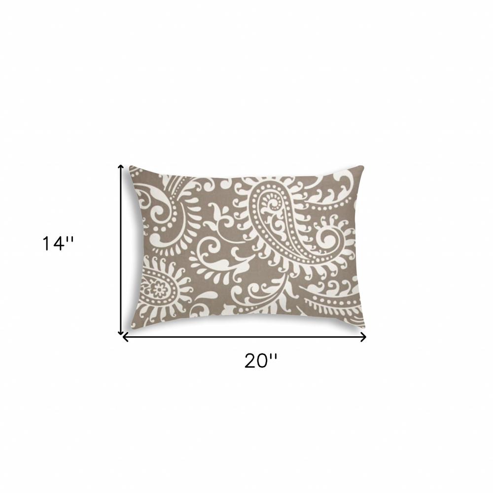 14" X 20" Taupe And White Blown Seam Paisley Lumbar Indoor Outdoor Pillow. Picture 7
