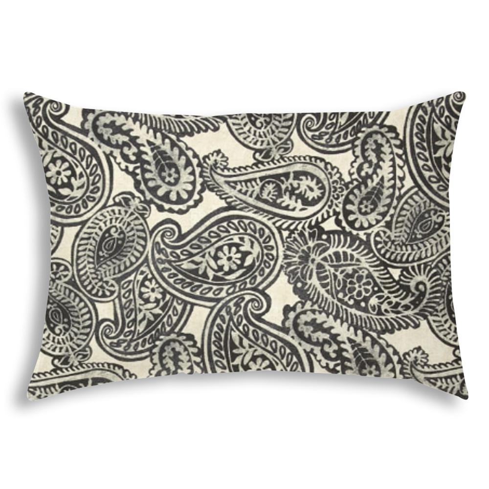 14" X 20" Gray And Cream Blown Seam Paisley Lumbar Indoor Outdoor Pillow. Picture 1
