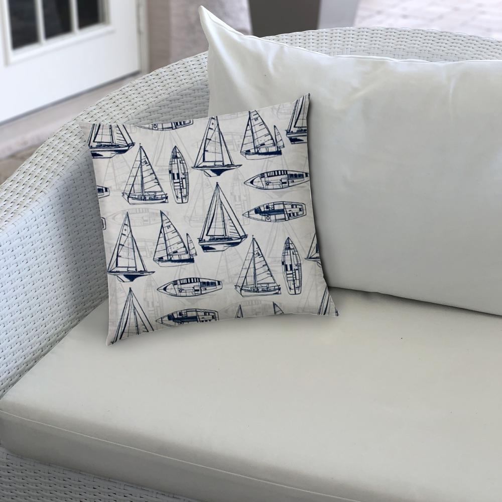 Navy Blue, Cream Boat Blown Seam Nautical Lumbar Indoor Outdoor Pillow. Picture 5