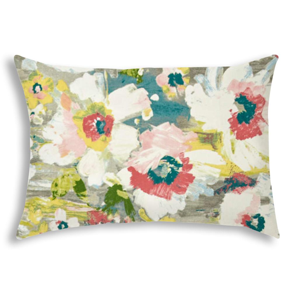 Gray Floral Painted Indoor Outdoor Sewn Lumbar Pillow. Picture 1