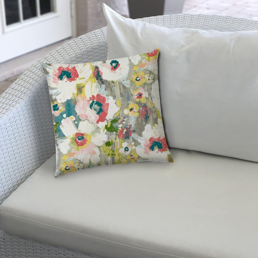 Gray Floral Painted Indoor Outdoor Sewn Lumbar Pillow. Picture 2