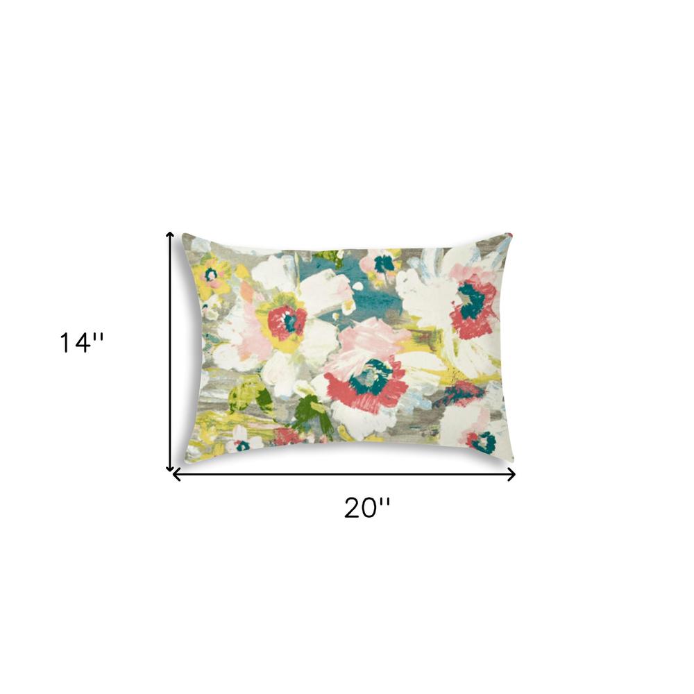 Gray Floral Painted Indoor Outdoor Sewn Lumbar Pillow. Picture 5