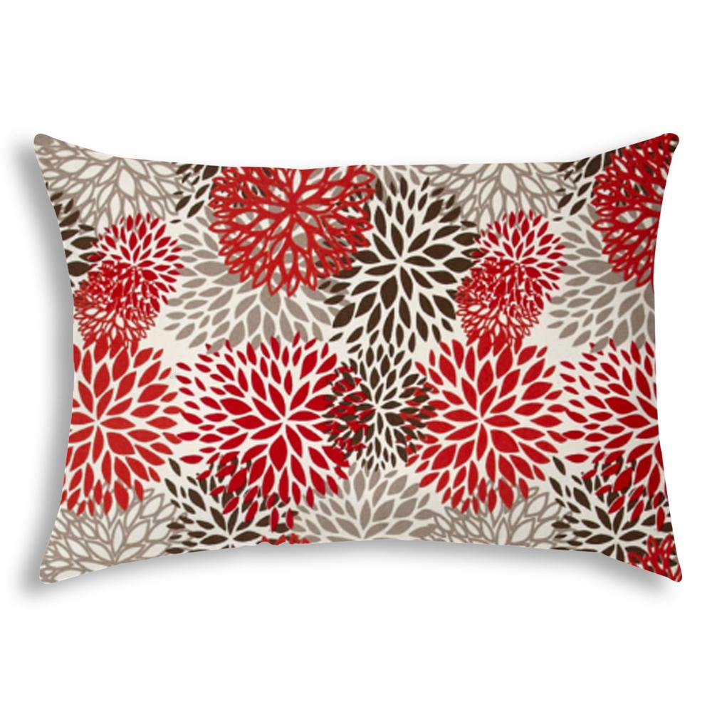 14" X 20" Red And White Blown Seam Floral Lumbar Indoor Outdoor Pillow. Picture 1