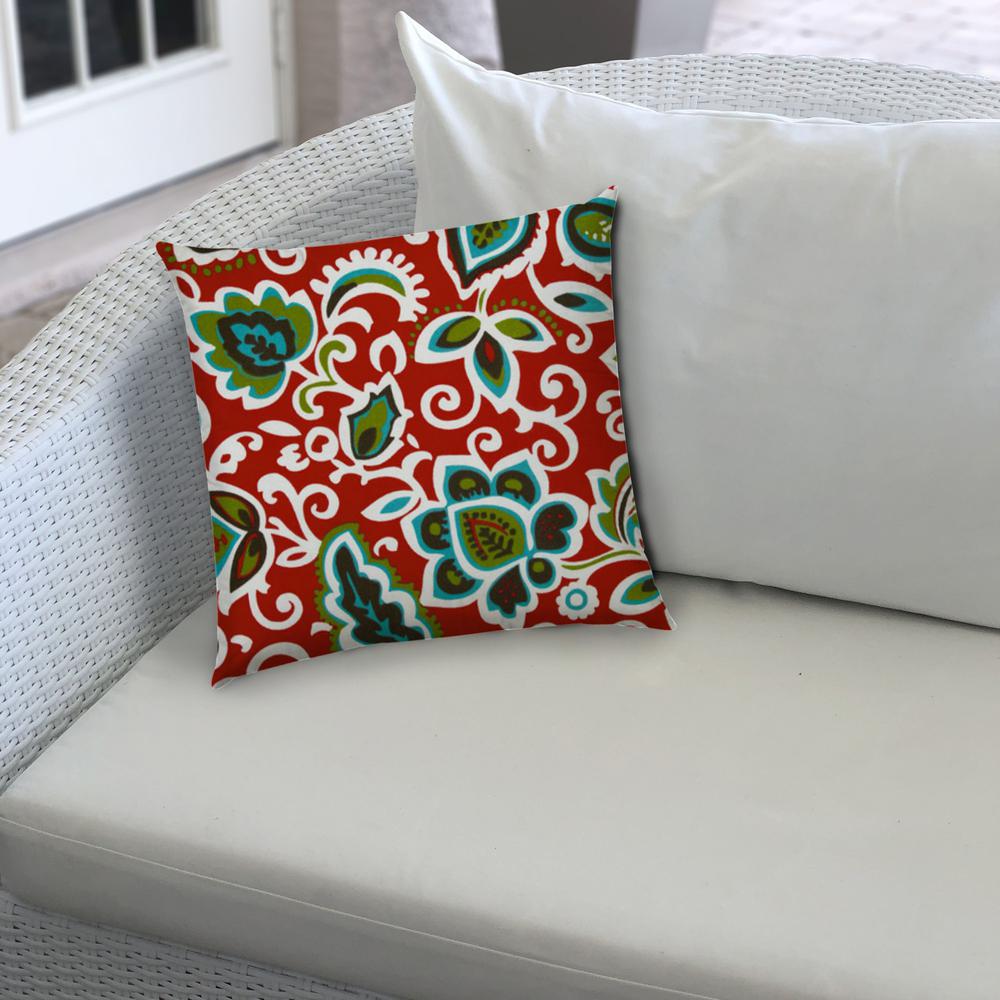 17" X 17" Read And Green Blown Seam Floral Lumbar Indoor Outdoor Pillow. Picture 4