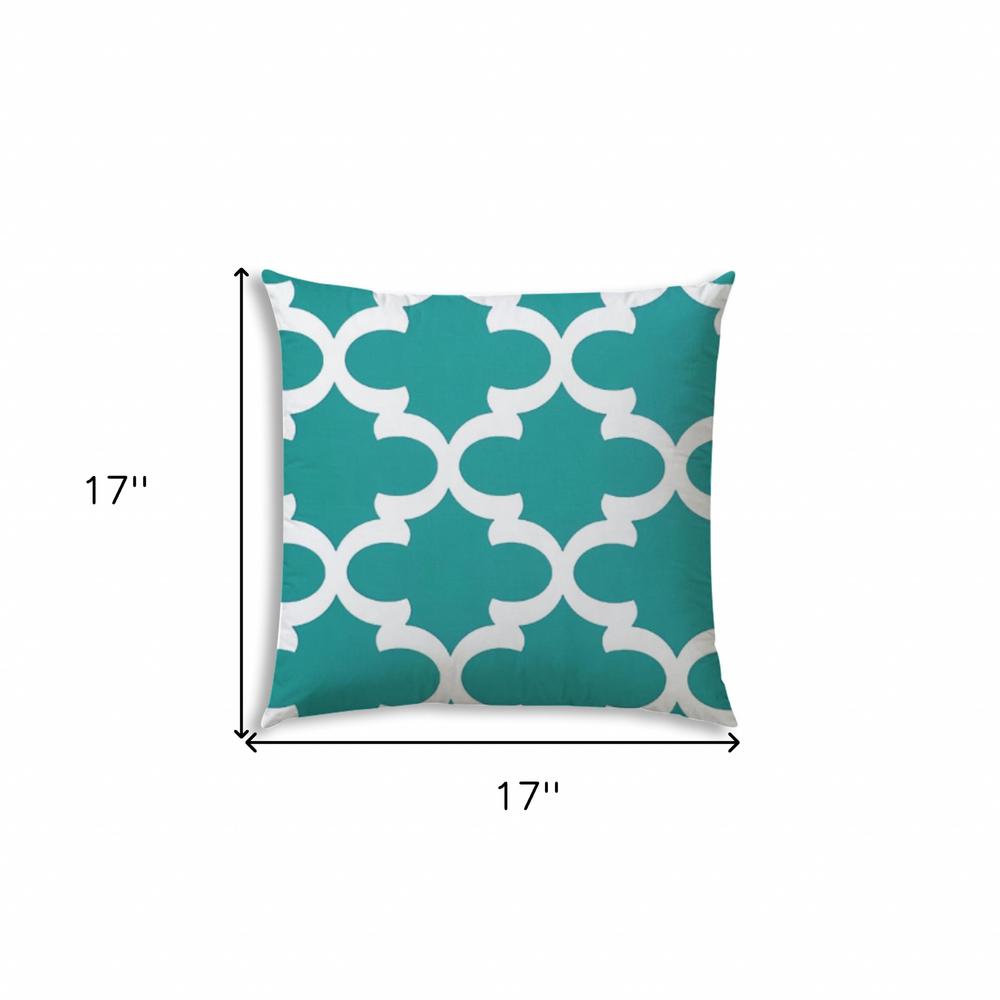 17" X 17" Turquoise, White Blown Seam Quatrefoil Lumbar Indoor Outdoor Pillow. Picture 7