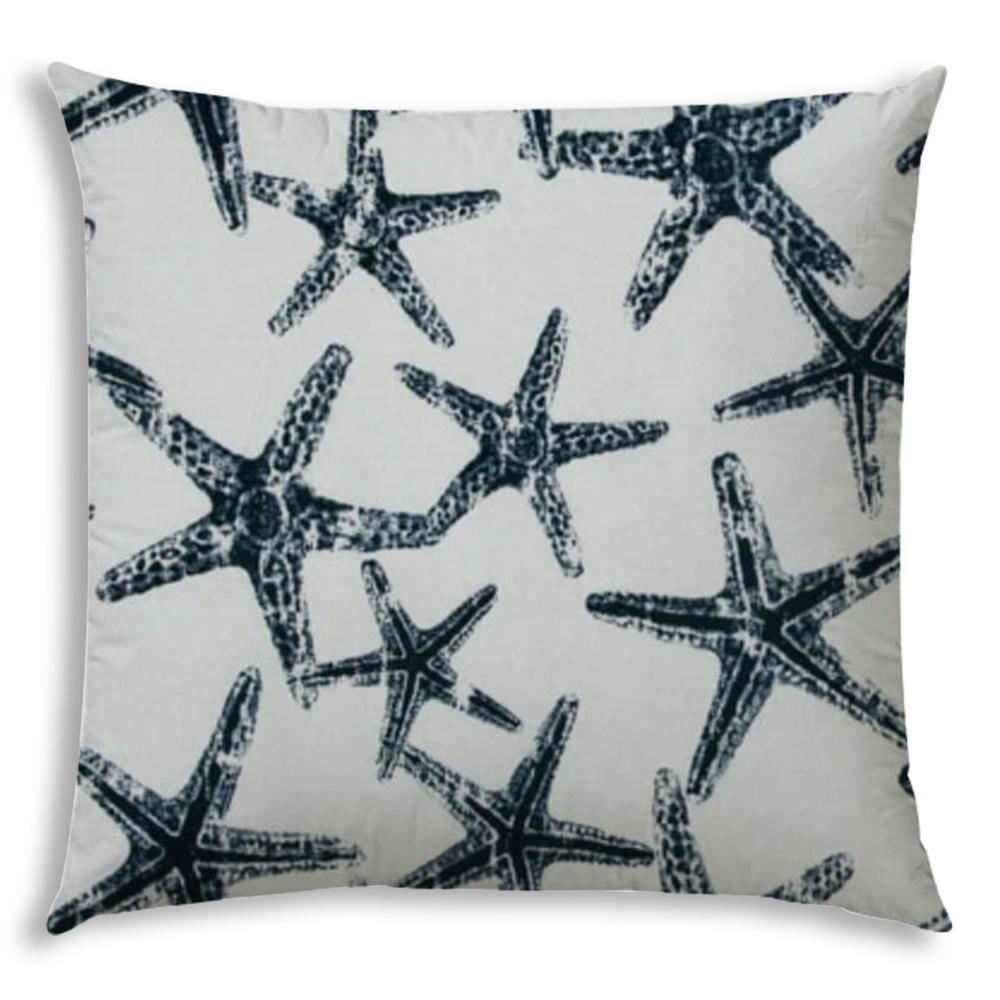 Navy Blue, White Starfish Blown Seam Coastal Lumbar Indoor Outdoor Pillow. Picture 1