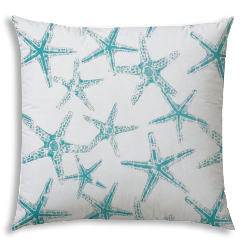 Turquoise, White Starfish Blown Seam Coastal Lumbar Indoor Outdoor Pillow. Picture 1