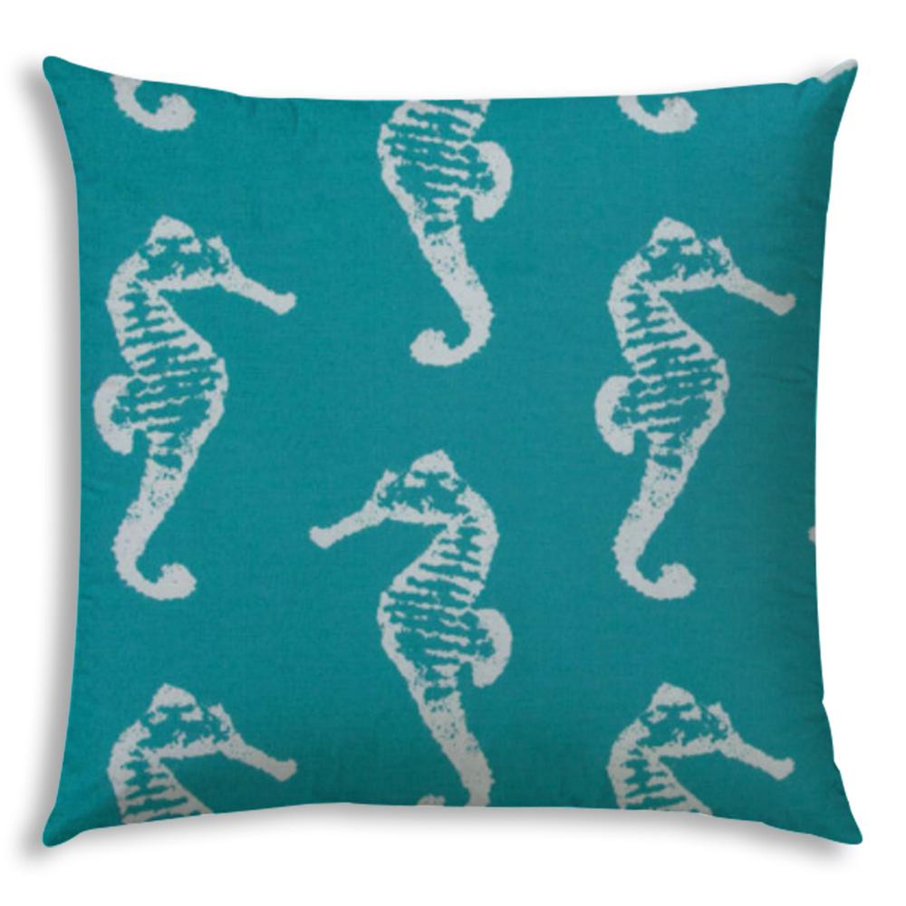 Turquoise, White Seahorse Blown Seam Coastal Lumbar Indoor Outdoor Pillow. Picture 1