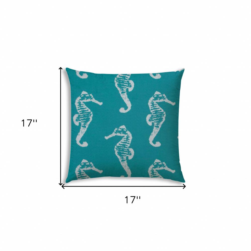 Turquoise, White Seahorse Blown Seam Coastal Lumbar Indoor Outdoor Pillow. Picture 7