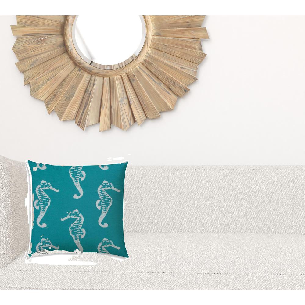 Turquoise, White Seahorse Blown Seam Coastal Lumbar Indoor Outdoor Pillow. Picture 2