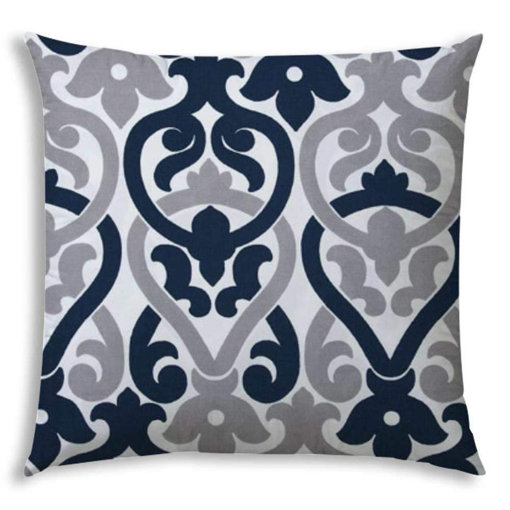 17" X 17" Navy Blue And White Blown Seam Trellis Lumbar Indoor Outdoor Pillow. Picture 1