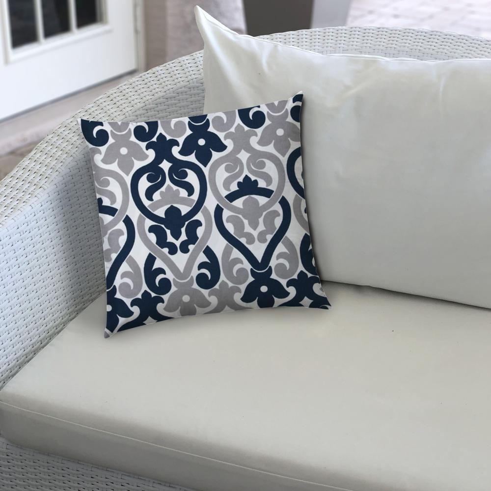 17" X 17" Navy Blue And White Blown Seam Trellis Lumbar Indoor Outdoor Pillow. Picture 4