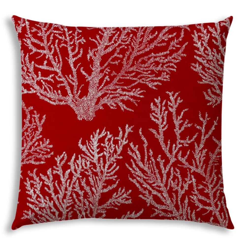 17" X 17" Red And White Corals Blown Seam Coastal Lumbar Indoor Outdoor Pillow. Picture 1