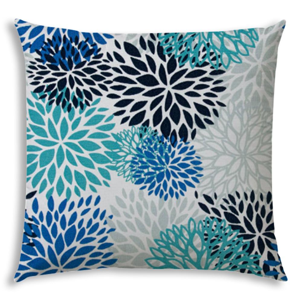 17" X 17" Blue And White Blown Seam Floral Lumbar Indoor Outdoor Pillow. Picture 1