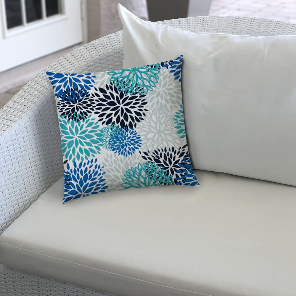 17" X 17" Blue And White Blown Seam Floral Lumbar Indoor Outdoor Pillow. Picture 4