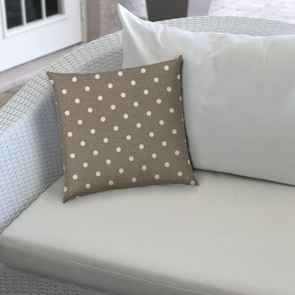 17" X 17" Taupe And White Blown Seam Polka Dots Lumbar Indoor Outdoor Pillow. Picture 4