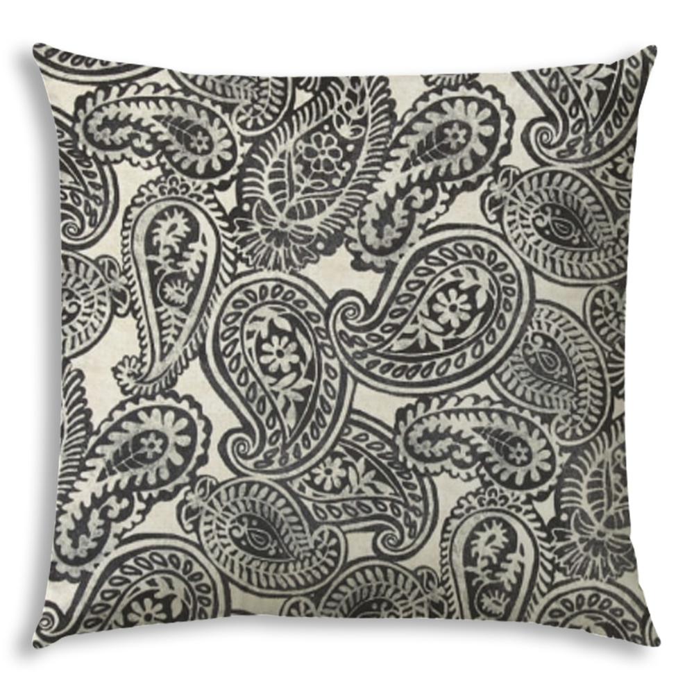 17" X 17" Gray And Cream Blown Seam Paisley Lumbar Indoor Outdoor Pillow. Picture 1